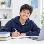 طالب مبتسم يذاكر بتركيز